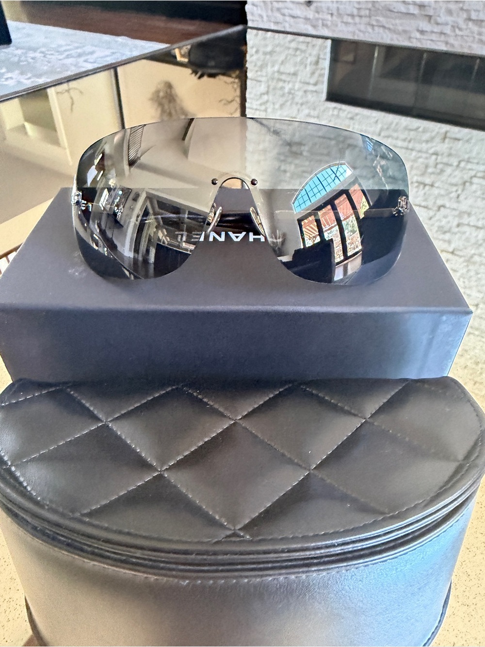CHANEL Black Shield Sunglasses with Gold Logo Accents - Picture 3 of 5